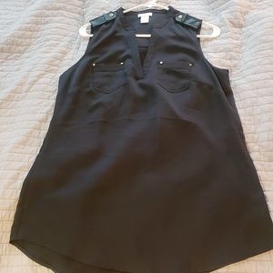 V neck scoop bottom leather accent sleevless women's medium dressy tank top